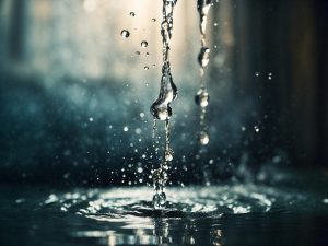 Nahaufnahme von fallenden Wassertropfen als abstrakte Darstellung der Wirkung und Bedeutung von Infusionen im medizinischen Kontext.