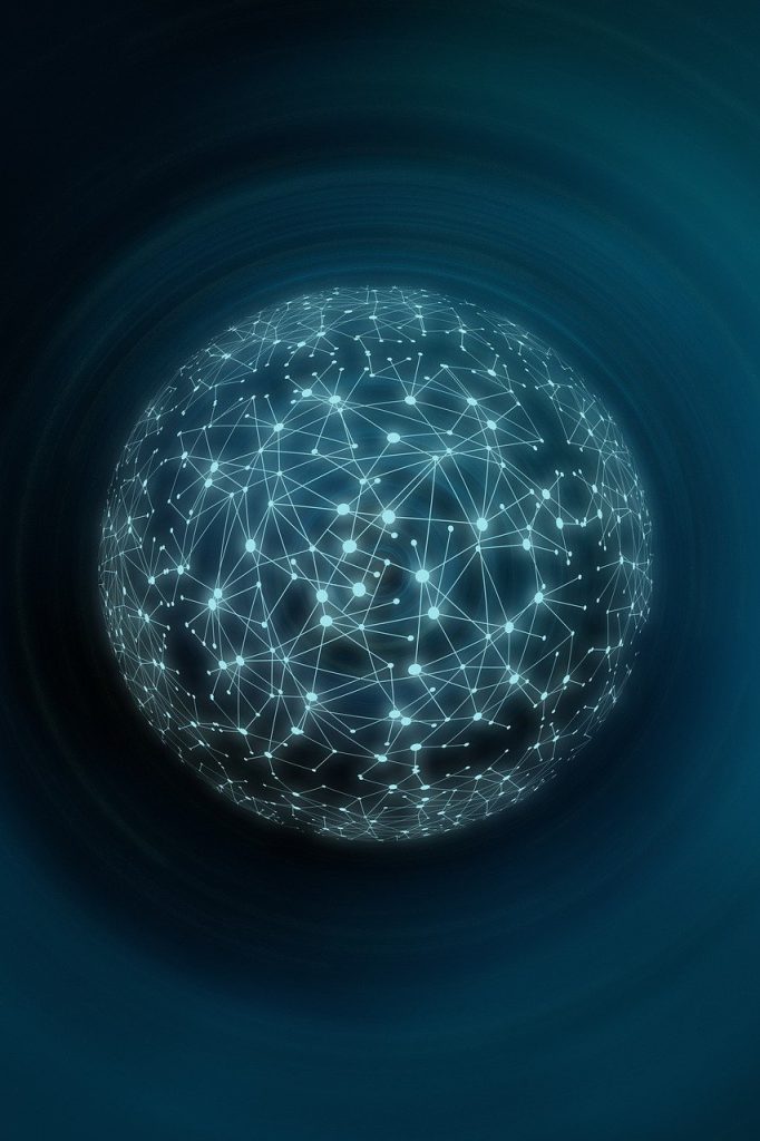 Abstrakte Lichtnetzwerk-Kugel in Blau als symbolische Darstellung des Darmmikrobioms und der inneren Körperkommunikation.