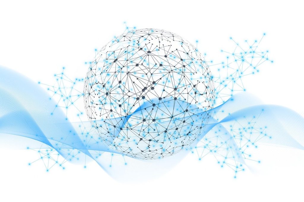 Netzwerkartige Struktur in Blautönen als Symbol für Stoffwechsel, hormonelle Regulation und Leberfunktion in den Wechseljahren.