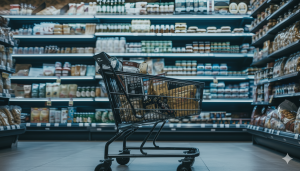 Einkaufswagen im Supermarktgang vor vollgestopften Regalen – Symbol für die Fülle an Produkten und die Frage nach ihrer echten Qualität.