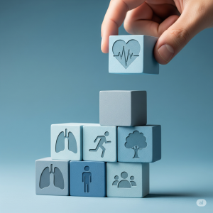 Gestapelte blaue Würfel mit Symbolen für Gesundheit, Bewegung, Natur und Gemeinschaft – Symbol für Ordnungstherapie und ganzheitliche Balance